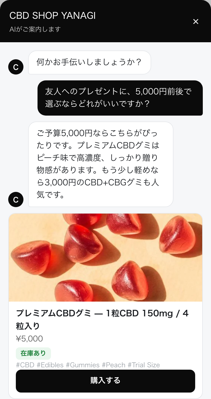 NanoTaco Sales の実画面。CBD SHOP YANAGI のサイトで、来訪者のギフト相談にAIが答え、予算に合う商品カードを提案している